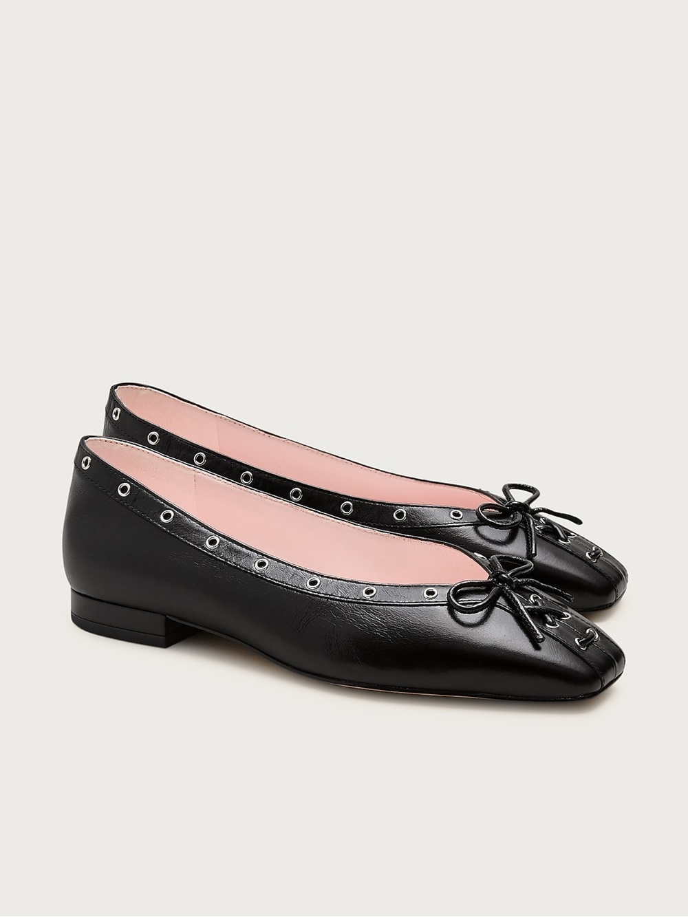 J. Crew Sophie Grommet Ballet Flats Size 7 Italian Leather Black Silver Bow
